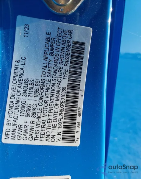 2024 Honda Civic Sport z USA, uszkodzony, nr VIN 19XFL2H8XRE010286